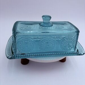 Pioneer Woman ADELINE Embossed Glass Teal Covered Butter Dish